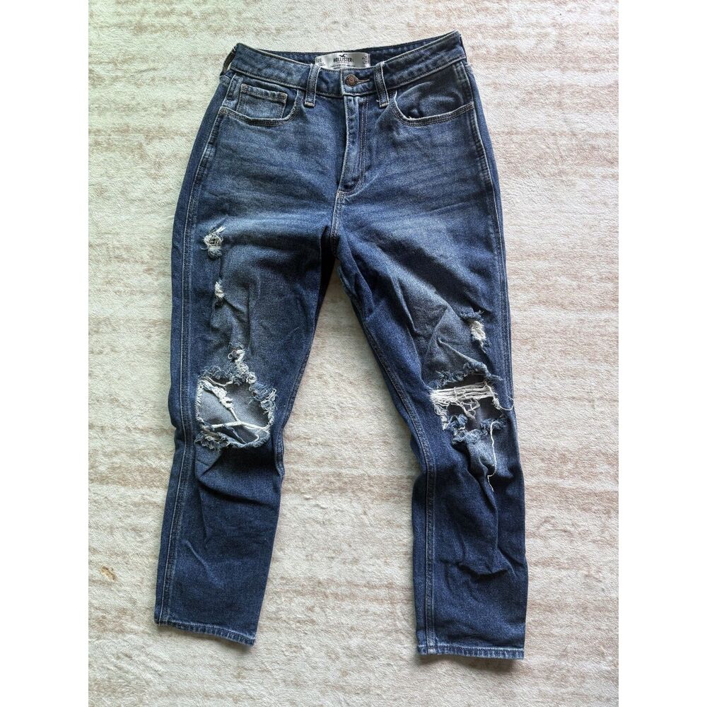 Hollister Curvy High Rise Mom Jeans Size 1S W25 L25 Distressed Ripped Denim